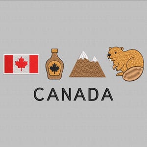 Könnte beinhalten: Gesticktes Design mit der kanadischen Flagge, einer Ahornsirupflasche, Bergen und einem Biber. Das Wort "CANADA" wird in schwarzen Blockbuchstaben unter den Bildern angezeigt. Das Design befindet sich auf einem hellgrauen Hintergrund.