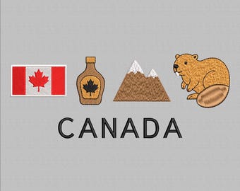 Puede incluir: Diseño bordado con la bandera canadiense, una botella de jarabe de arce, montañas y un castor. La palabra "CANADA" se muestra en letras negras debajo de las imágenes. El diseño está sobre un fondo gris claro.