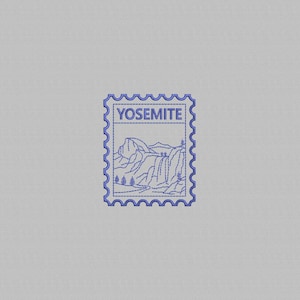 May include: Blue embroidered stamp featuring a mountain landscape and waterfall. The word "YOSEMITE" is at the top. The stamp has a scalloped edge and is set against a light gray background.
