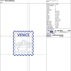 以下が含まれることがあります： 「VENICE」の文字が入った青い切手のデザイン。切手には橋とゴンドラが描かれています。デザインはスカラップのボーダーで囲まれています。画像には、mm単位の測定値などの技術的な詳細が含まれています。