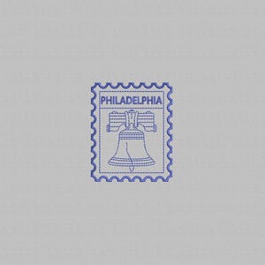 May include: A blue postage stamp featuring the Liberty Bell, with the word "PHILADELPHIA" at the top. The stamp has a scalloped edge and a detailed line drawing of the bell.