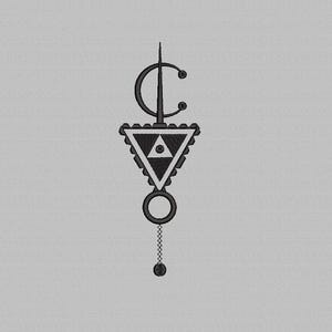 May include: A black and white geometric design featuring a triangle, circle, and a crescent moon shape. The design is stylised and has a modern aesthetic.