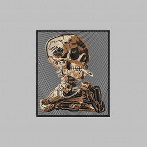 May include: Embroidered patch of a brown and black skeleton holding a cigarette in its hand. The skeleton is wearing a black and white patterned shirt. The patch is on a gray background.