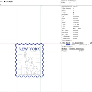 K&ouml;nnte beinhalten: Blau-wei&szlig;e Strichzeichnung eines Briefmarkenmotivs mit der Freiheitsstatue und dem Text "NEW YORK". Die Briefmarke hat einen dekorativen, gezackten Rand. Geeignet f&uuml;r Stickereien oder digitale Kunstprojekte.