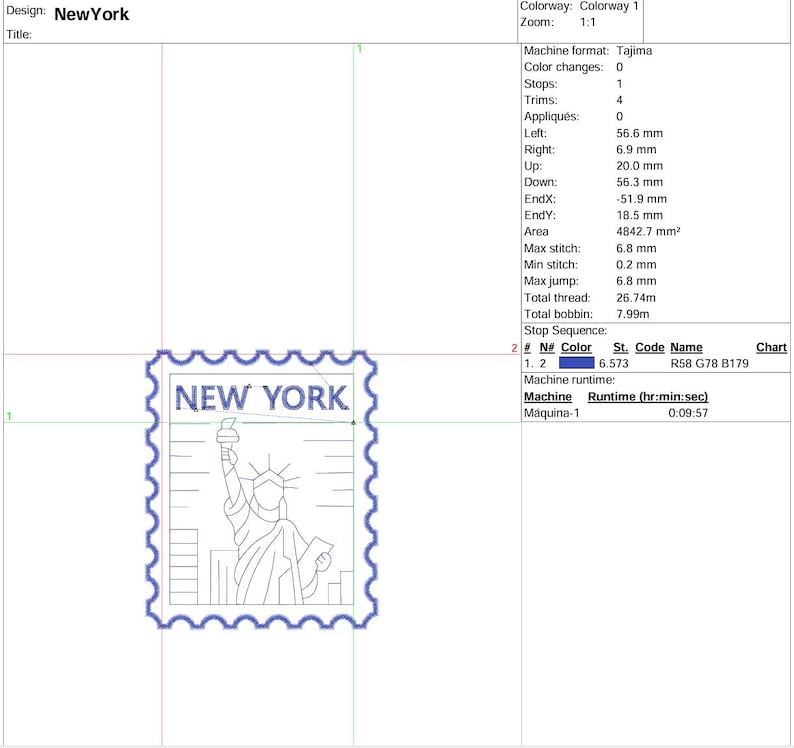 K&ouml;nnte beinhalten: Blau-wei&szlig;e Strichzeichnung eines Briefmarkenmotivs mit der Freiheitsstatue und dem Text "NEW YORK". Die Briefmarke hat einen dekorativen, gezackten Rand. Geeignet f&uuml;r Stickereien oder digitale Kunstprojekte.