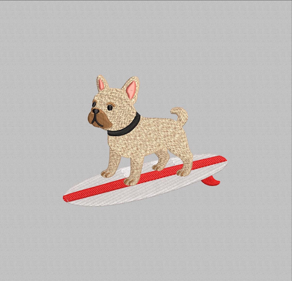Surf French Bulldog Embroidery Design: Dog Surfing, Animal Art