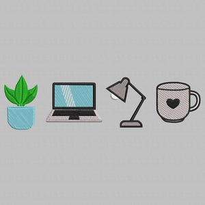 May include: An embroidered design featuring a potted plant, laptop, desk lamp, and a mug with a heart. The plant has green leaves and a light blue pot. The laptop screen is light blue. The lamp is gray, and the mug is white with a black heart.