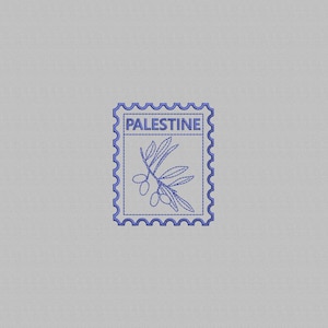 May include: A blue postage stamp design featuring the word "PALESTINE" at the top. The stamp has a serrated edge and depicts a sprig of olives. The design is embroidered on a light gray background.