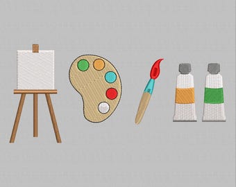 May include: An easel with a blank canvas, a paint palette with colorful paint, a paintbrush, and two tubes of paint. The paint tubes are one orange and one green.