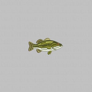 May include: An embroidered patch featuring a largemouth bass. The fish has a green and white body with dark green stripes, a red eye, and a detailed fin design. The patch is on a gray background.