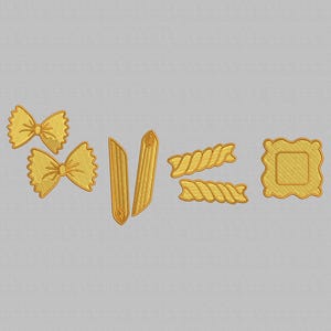 May include: A collection of different types of pasta, including bowtie, penne, and rotini, as well as a square ravioli. The pasta is all yellow and is arranged in a line on a grey background.