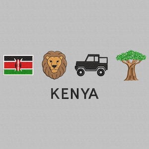 May include: Embroidered design featuring the Kenyan flag, a lion's head, a black jeep, and a tree with green leaves. The word "KENYA" is printed in black block letters below the images. The design is on a light gray background.