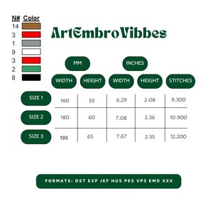 May include: A chart showing the size, width, height, and stitch count for an embroidery design. The design is available in three sizes: 160mm x 53mm, 180mm x 60mm, and 195mm x 65mm. The design is also available in inches: 6.29 inches x 2.08 inches, 7.08 inches x 2.36 inches, and 7.67 inches x 2.55 inches. The design is available in the following formats: DST, EXP, JEF, HUS, PES, VP3, EMD, and XXX.
