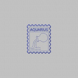 May include: A blue embroidered design on a light gray background, shaped like a postage stamp with scalloped edges. The design features the word AQUARIUS in capital letters above a line drawing of a pitcher pouring water into wavy lines.