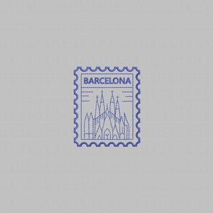 May include: A blue postage stamp design featuring the word "Barcelona" at the top. The stamp showcases a detailed line drawing of a cathedral, with intricate architectural details. The stamp has a perforated edge.