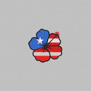 May include: Embroidered hibiscus flower design featuring the Puerto Rican flag. The flower has blue petals with a white star, and red and white striped petals. The flower's center is black with red accents.