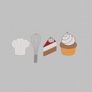 May include: A white chef's hat, a silver whisk, a slice of red and white cake, and a white and brown cupcake with white frosting.