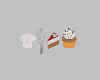 Könnte beinhalten: Eine weiße Kochmütze, ein silberner Schneebesen, ein Stück rot-weißes Kuchen und ein weiß-brauner Cupcake mit weißem Frosting.