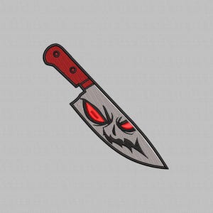 May include: Embroidered knife design with a red handle and a gray blade. The blade features a menacing face with red eyes and a jagged mouth. The design is set against a light gray background.