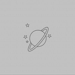 May include: A black and white line drawing of a planet with rings and three stars. The planet is a sphere with two rings around it. Three five-pointed stars are scattered around the planet.