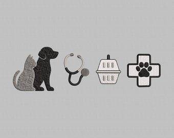 May include: An embroidered design featuring a cat, a dog, a stethoscope, a pet carrier, and a cross with a paw print. The cat is gray, the dog is black, and the other elements are black and white. The design is likely for veterinary or pet-related products.