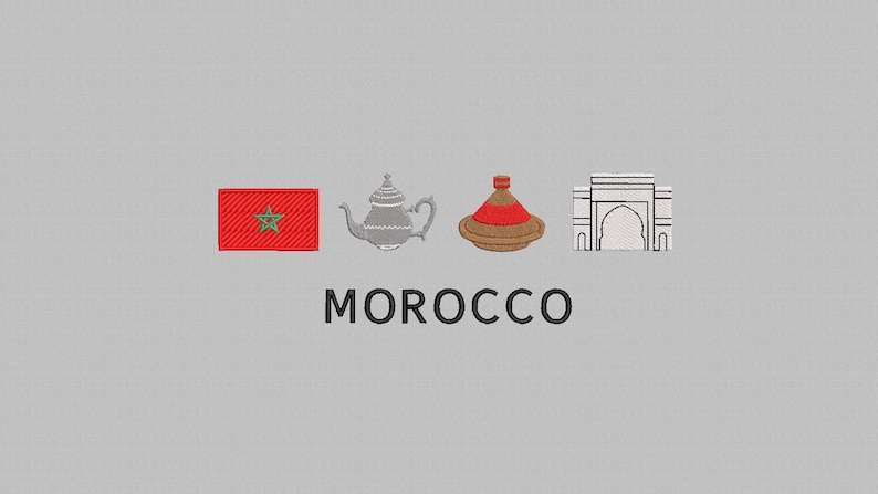 May include: A red flag with a green five-pointed star, a silver teapot, a brown tagine with a red lid, and a white archway with a pointed top. The text "MOROCCO" is below the icons.