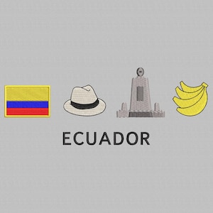 Puede incluir: Una bandera amarilla, azul y roja, un sombrero fedora blanco y marrón, un monumento gris y un racimo de plátanos amarillos con la palabra "ECUADOR" debajo.