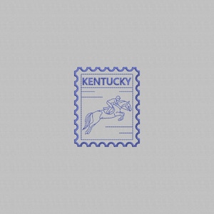 May include: A blue embroidered stamp featuring a horse and rider jumping over an obstacle. The word "Kentucky" is at the top of the stamp. The stamp has a scalloped edge and is set against a gray background.