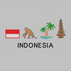 Indonesia Flag Embroidery Design, Bali Monkey, Beach (Instant Download)