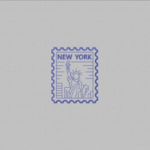 May include: A blue line art stamp featuring the Statue of Liberty and the text "NEW YORK". The stamp has a scalloped edge and is set against a light gray background. The design is simple and elegant.