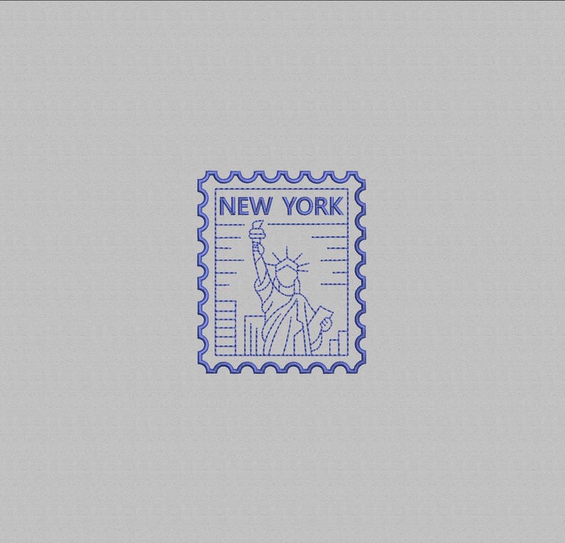 K&ouml;nnte beinhalten: Eine blaue Strichzeichnung Briefmarke mit der Freiheitsstatue und dem Text "NEW YORK". Die Briefmarke hat einen gezackten Rand und ist vor einem hellgrauen Hintergrund platziert. Das Design ist schlicht und elegant.