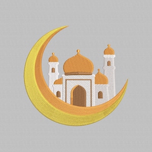May include: Embroidered design featuring a mosque with orange domes and minarets, set within a yellow and orange crescent moon. The design is set against a gray background, suitable for various applications.