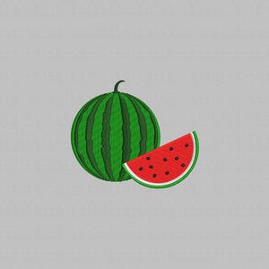 May include: An embroidered design featuring a green watermelon with dark green stripes and a slice of watermelon. The watermelon slice is red with black seeds and a green rind. The design is on a light gray background.