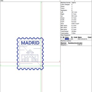 May include: A blue and white design of a postage stamp with the word "MADRID" at the top. Below the text is a line drawing of a building. The stamp has a scalloped border. The design is for machine embroidery.