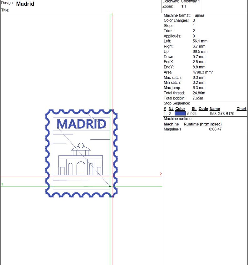 May include: A blue and white design of a postage stamp with the word "MADRID" at the top. Below the text is a line drawing of a building. The stamp has a scalloped border. The design is for machine embroidery.