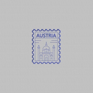 Puede incluir: Un sello postal azul con borde festoneado presenta la palabra "AUSTRIA" en la parte superior. Debajo, un dibujo lineal de un edificio con una cúpula y dos torres. El fondo es gris claro.