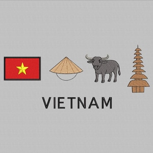 May include: Embroidered design featuring the Vietnamese flag, a conical hat, a water buffalo, and a pagoda. The word "VIETNAM" is displayed below the images in black capital letters. The design is on a light gray background.