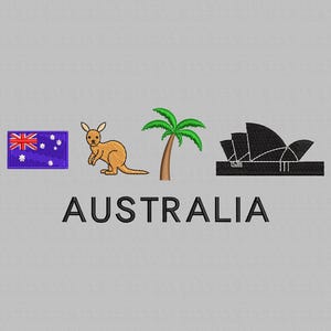 May include: A graphic design featuring the Australian flag, a kangaroo, a palm tree, and the Sydney Opera House. The text "AUSTRALIA" is below the images.