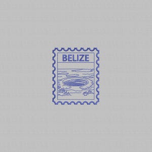May include: A blue embroidered stamp featuring the word "BELIZE" at the top. The stamp depicts a circular feature, possibly a sinkhole, with surrounding details. The stamp has a scalloped edge and is set against a light gray background.