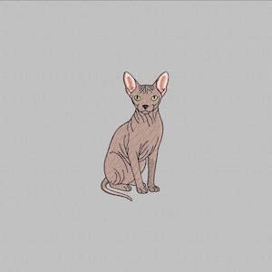 May include: A detailed embroidered design of a Sphynx cat, featuring a hairless body in shades of brown and pink. The cat is sitting upright with green eyes and large, pointed ears. The background is a solid light gray.