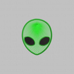 Könnte beinhalten: Grüner Alienkopf mit schwarzen Augen. Der Alienkopf ist ein einfaches Cartoon-Design mit einem Wirbelmuster.