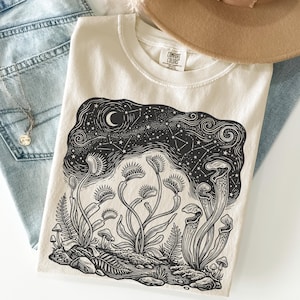 Celestial Carnivorous Plant Shirt, Venus Flytrap Botanist, Goblincore Nature Linocut