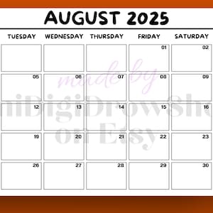 2025 August Calendar Printable | Digital Monthly Sheet to Print | Sunday and Monday Start | PDF, PNG,US Letter | Minimalist August Planner