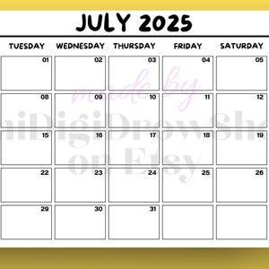 Ausdruckbarer Kalender 2025 Juli | Digitale Monatsseite zum Ausdrucken | Sonntag und Montag Start |PDF, PNG und Letter size| Minimalistischer Juli Planer.