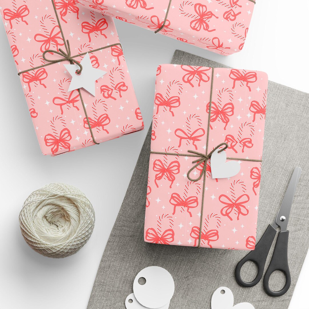 Candy Cane Pink Bows Wrapping Paper | Gift Wrap Roll - Etsy