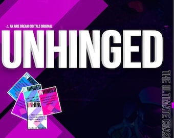 May include: A promotional graphic for "UNHINGED," a game. The design features the title in large white letters, with a dark background and overlapping purple geometric shapes. Small cards with text are scattered across the image, and the tagline "THE ULTIMATE CRASHOUT GAME" is visible.