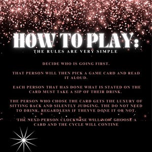 Puede incluir: Fondo negro con purpurina oro rosa y el texto "HOW TO PLAY: THE RULES ARE VERY SIMPLE." Las instrucciones para un juego se enumeran debajo del t&iacute;tulo. La parte inferior de la imagen dice "ARIE DREAM DIGITALS PRODUCTION."