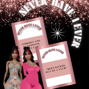 Puede incluir: Dise&ntilde;o gr&aacute;fico para un juego de beber titulado "Never Have I Ever". El dise&ntilde;o presenta tarjetas rosas con indicaciones del juego, el t&iacute;tulo del juego en blanco y la frase "A Riot of a Time" sobre un fondo negro.