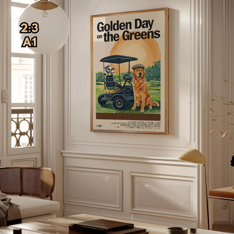 May include: A vintage movie poster with a golden retriever dog sitting in a golf cart. The poster is titled "Golden Day on the Greens".