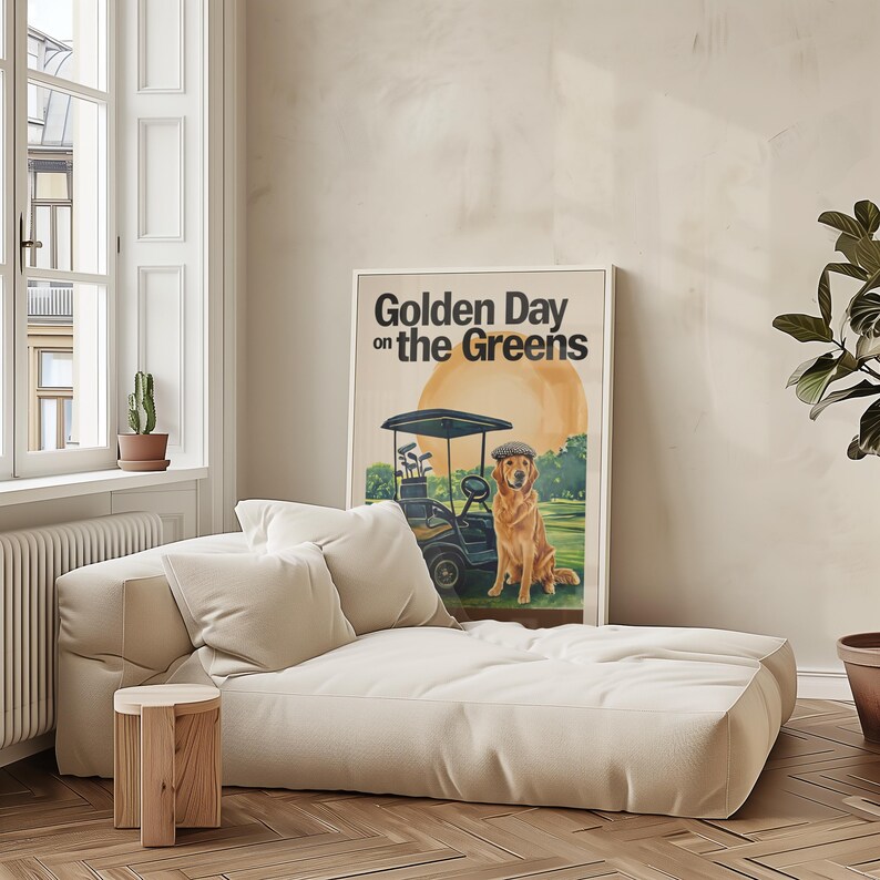 May include: A vintage poster with a golden retriever sitting in a golf cart. The poster has the text "Golden Day on the Greens".